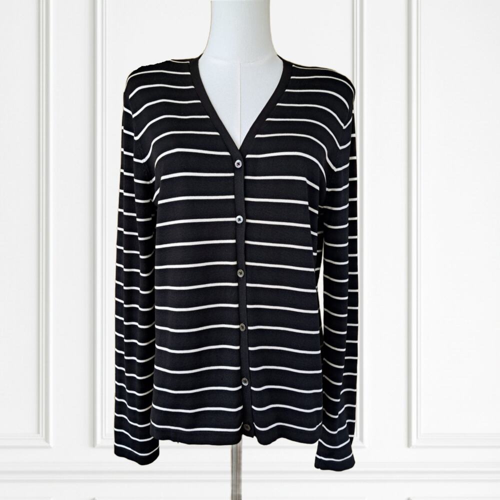 Lauren Ralph Lauren Black Off-white Stripe Cardigan Sweater Large V-neck Silk
